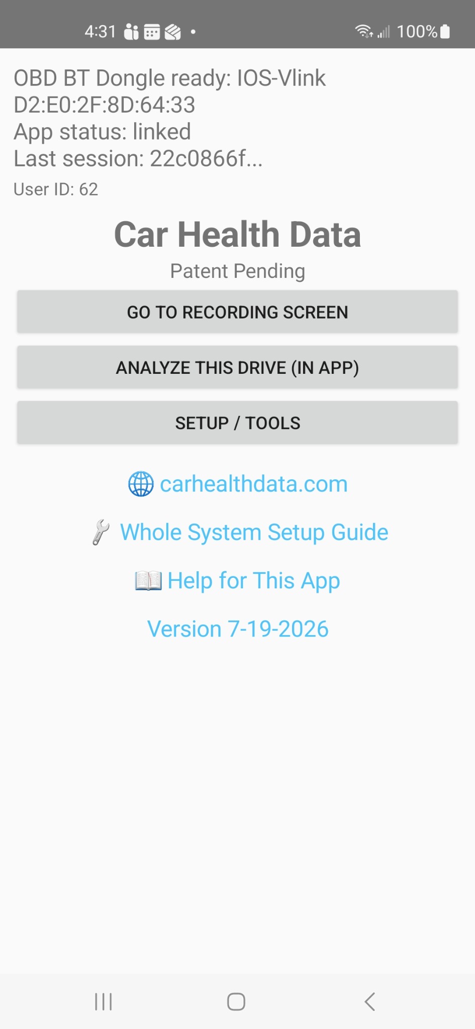 Car Health Data Android home screen showing dongle status, account status, recording, analysis, and setup buttons