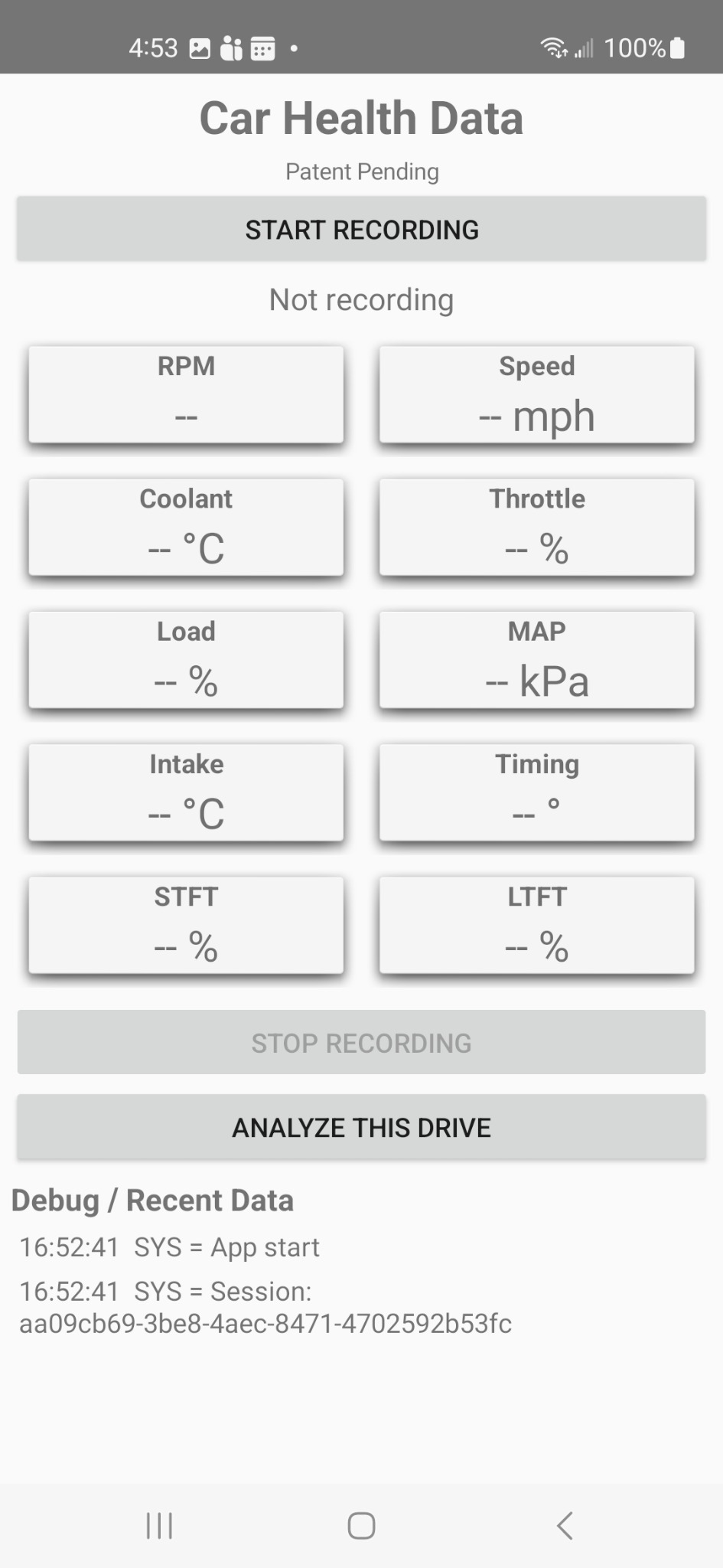 Car Health Data recording screen showing Start Recording, live RPM, speed, temperature, fuel trim, load, MAP, and analysis controls
