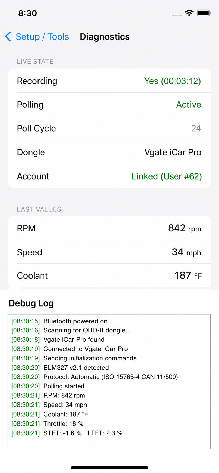 Car Health Data Diagnostics screen showing recording, polling, last values, and a debug log