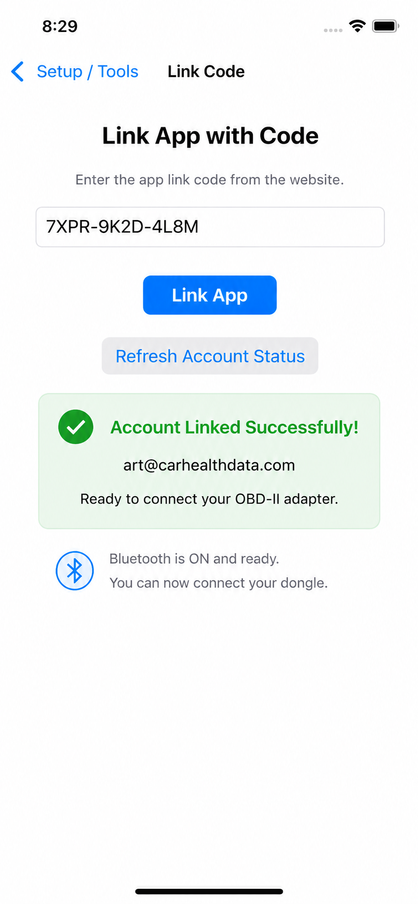 Car Health Data iPhone Link Code screen showing an account linked successfully