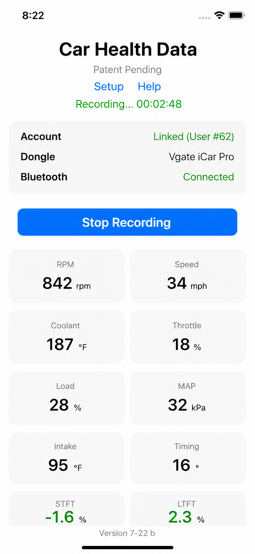Car Health Data iPhone main screen showing a live recording and vehicle data