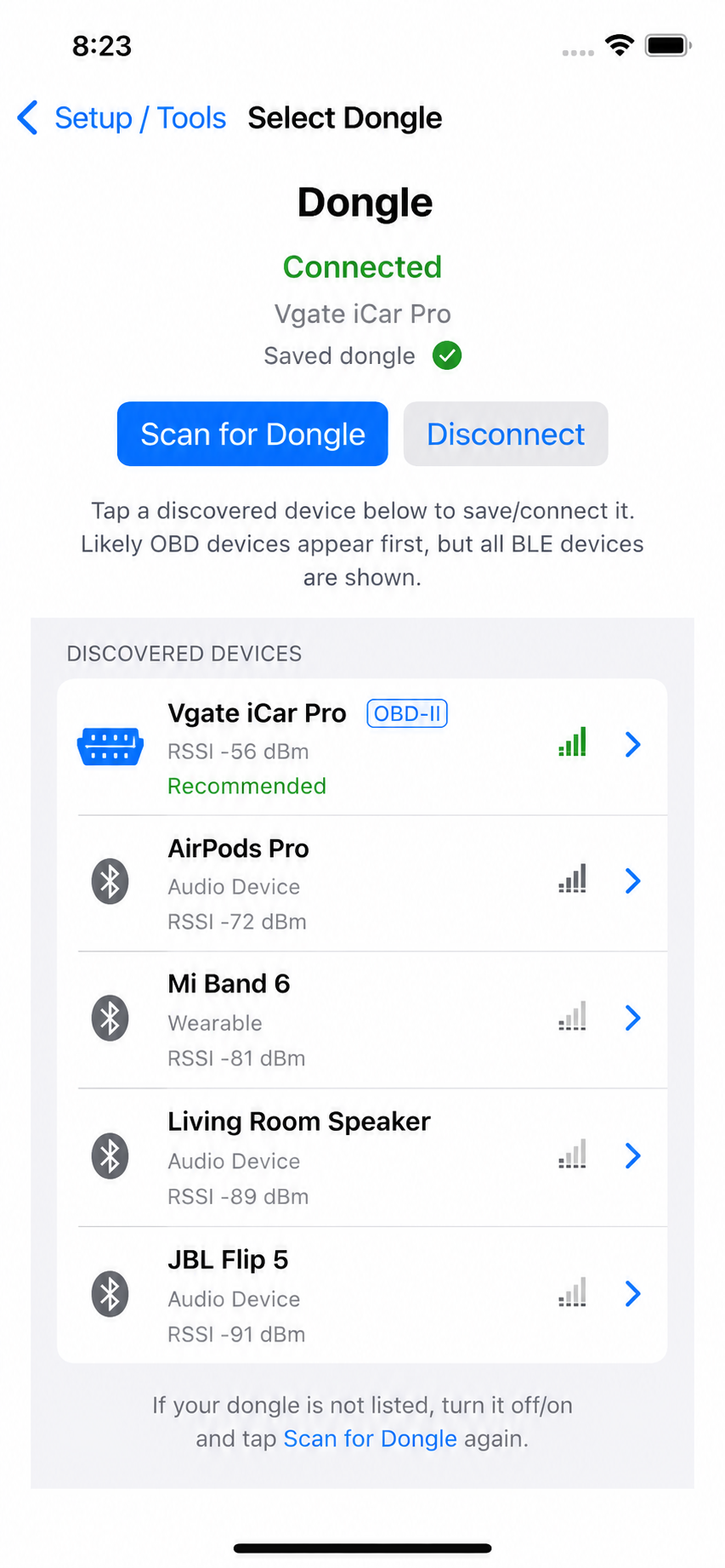Car Health Data Select Dongle screen showing a connected Vgate iCar Pro and other discovered Bluetooth devices